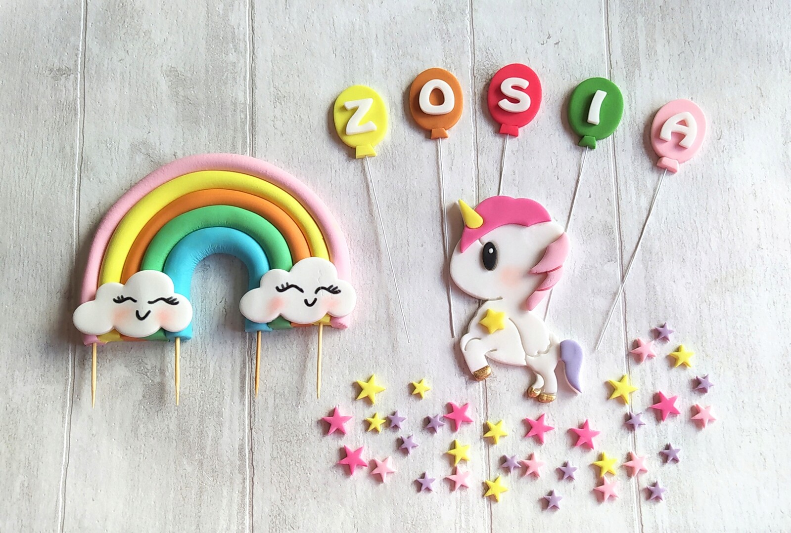 Duha Jednorožec jméno figurky z cukrové hmoty Sada dekorací