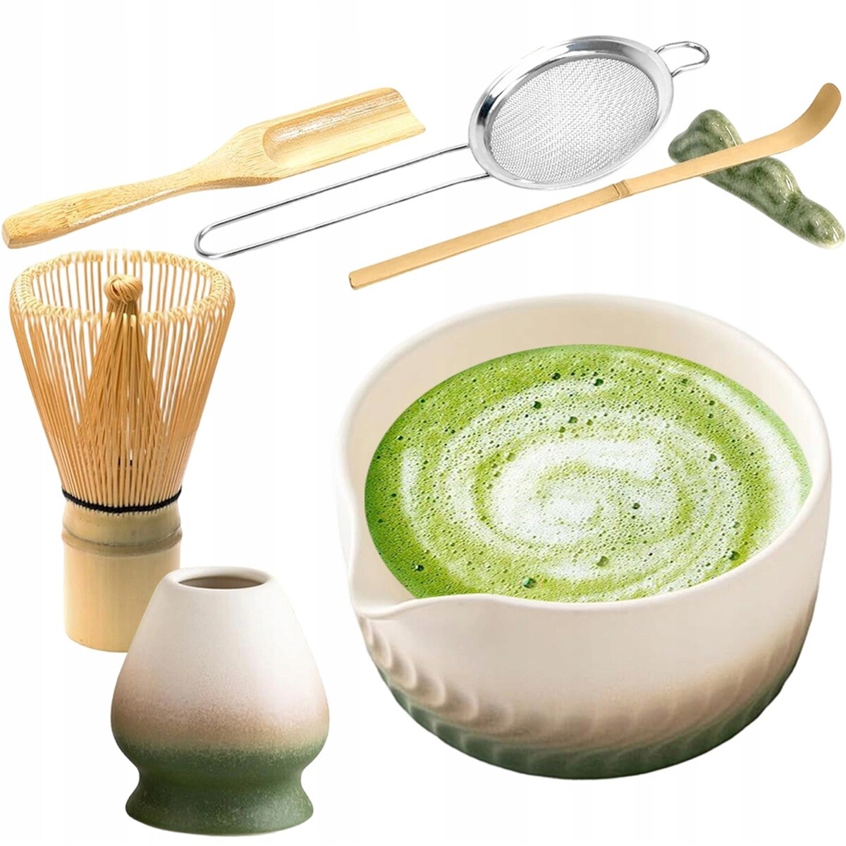 7dílná keramická sada na matcha s bambusovou šlehací metlou, zelená