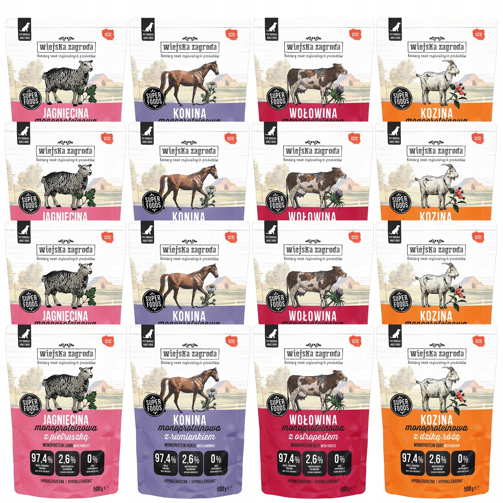 Wiejska Zagroda Monoproteinové vlhké krmivo pro psy mix chutí 16 x 500 g