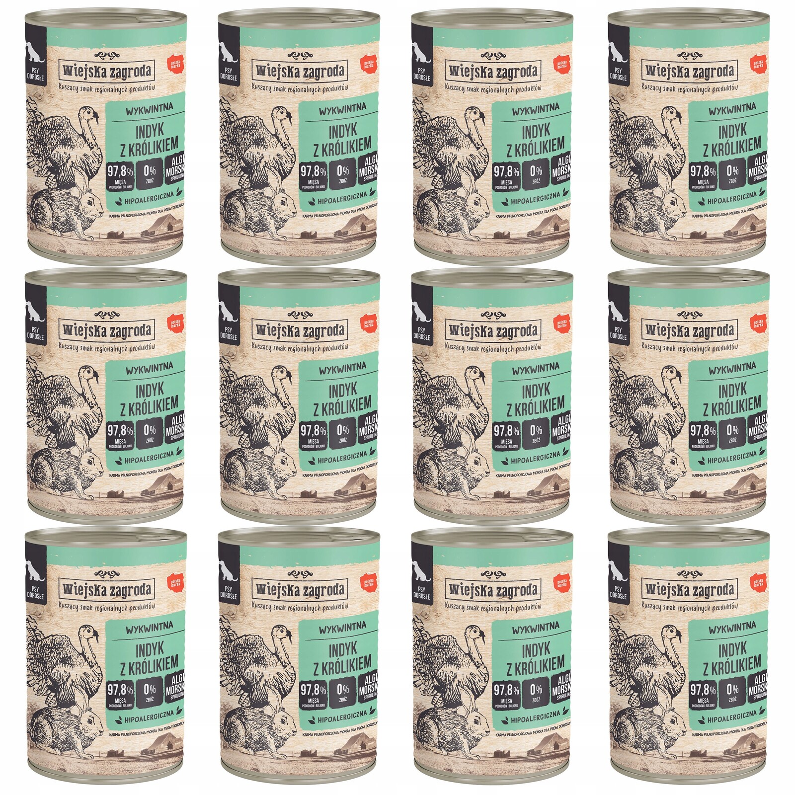 Wiejska Zagroda Vlhké krmivo pro psy Krůta Králík 12 x 400 g bez obilovin