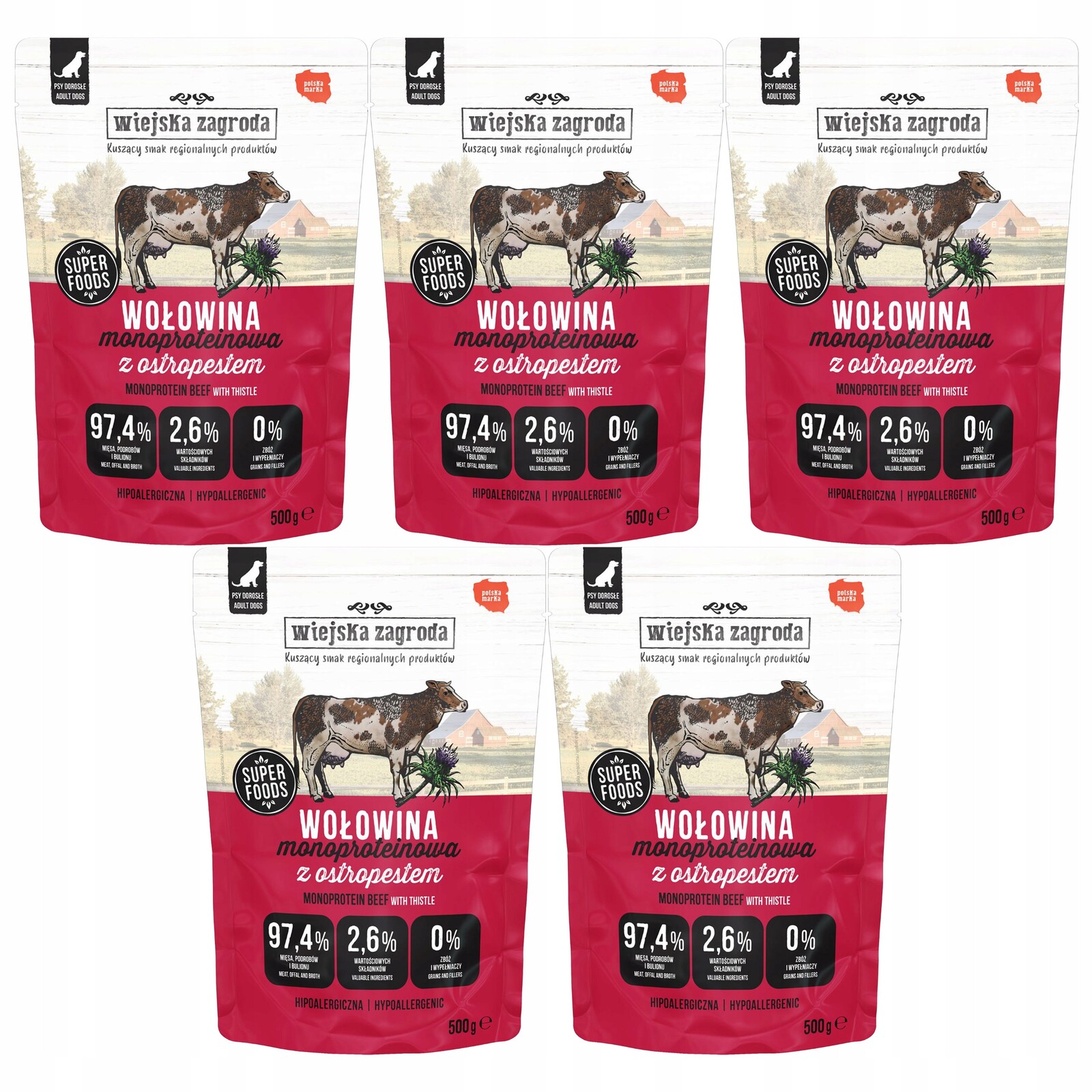 Wiejska Zagroda Mono vlhké krmivo pro psy Hovězí maso s ostropestřecem 5 x 500 g