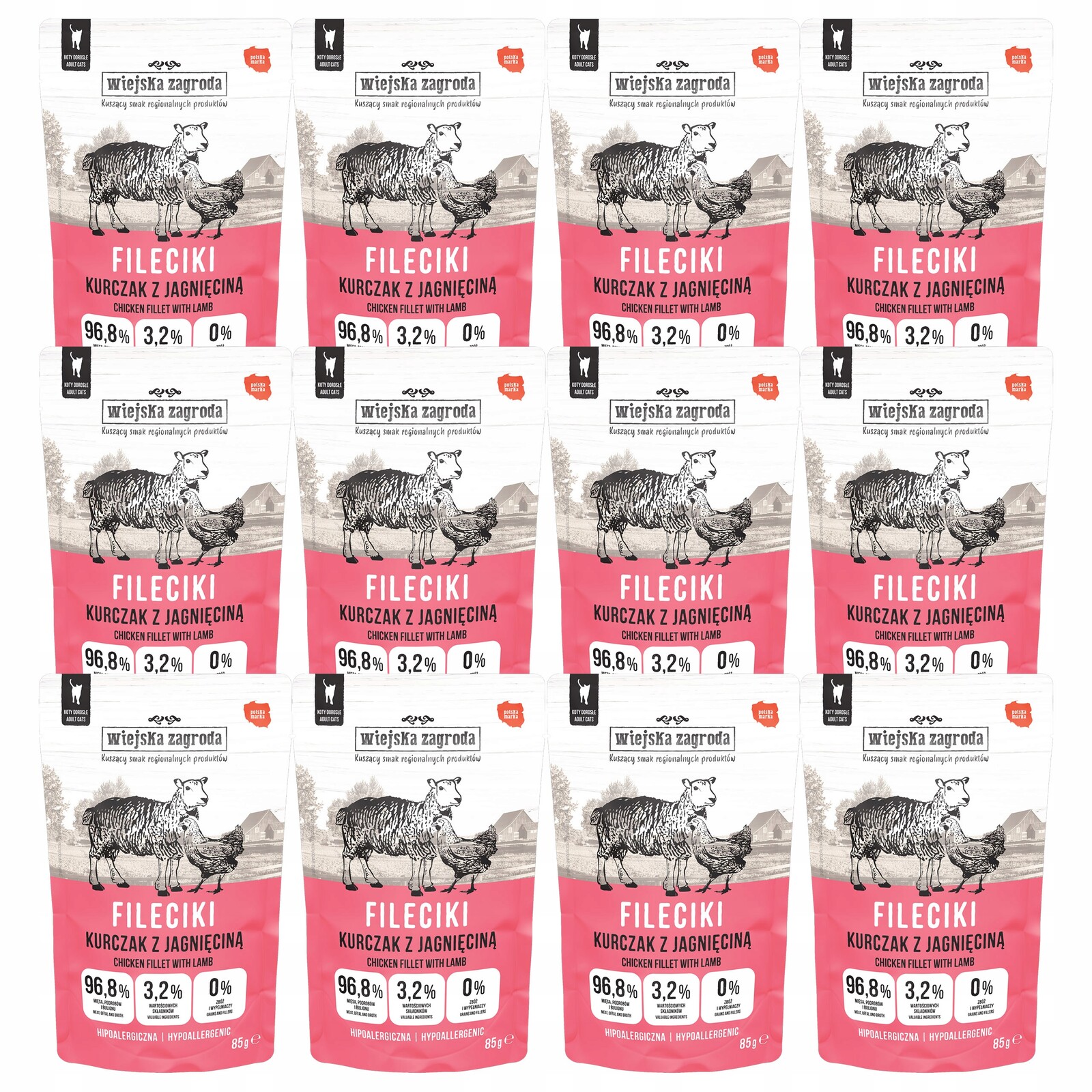 Wiejska Zagroda Filetky krmivo mokré pro kočky Kuře s jehněčím masem 12 x 85 g