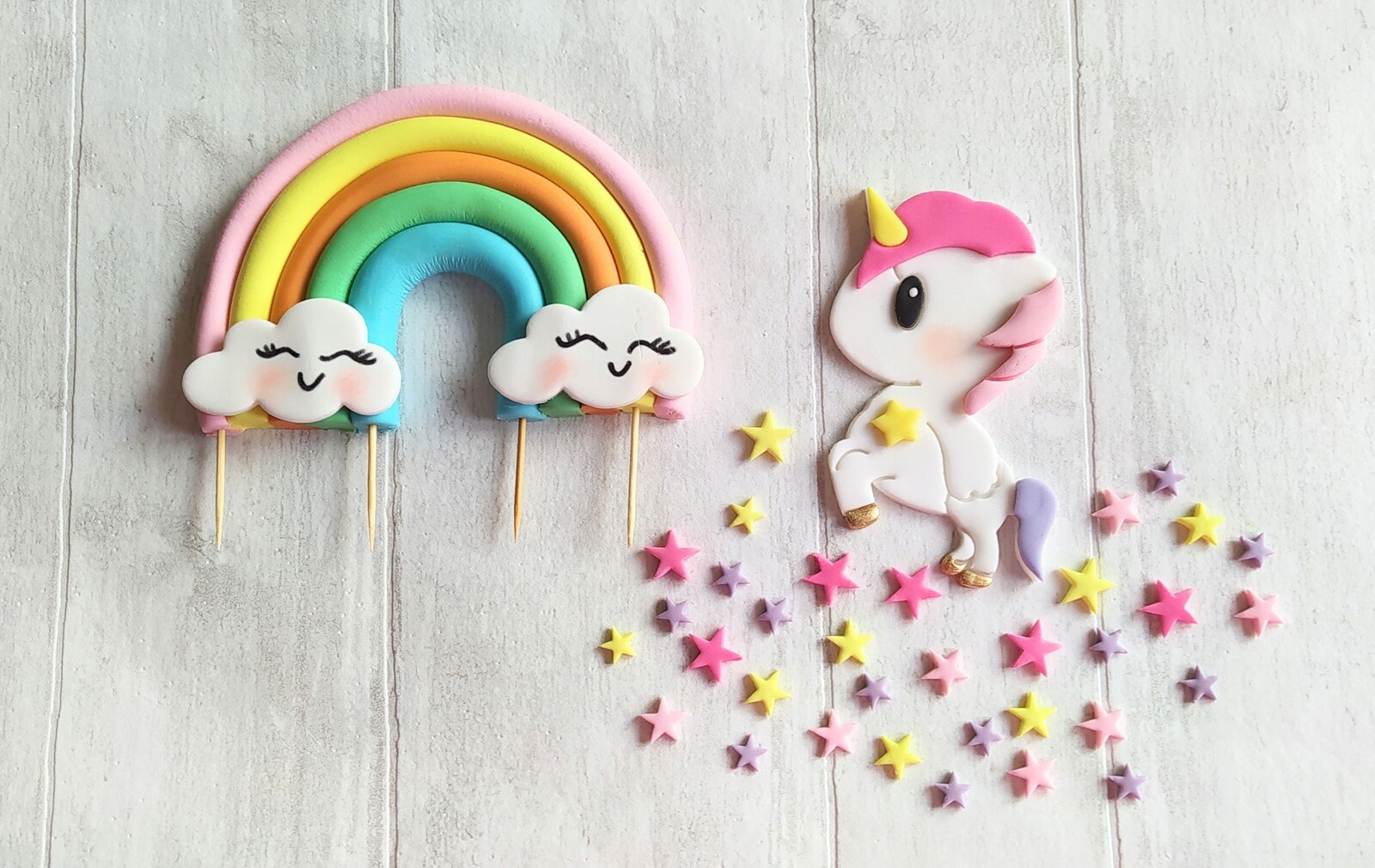 Duha Jednorožec poník figurky z cukrové hmoty Sada dekorací na dort