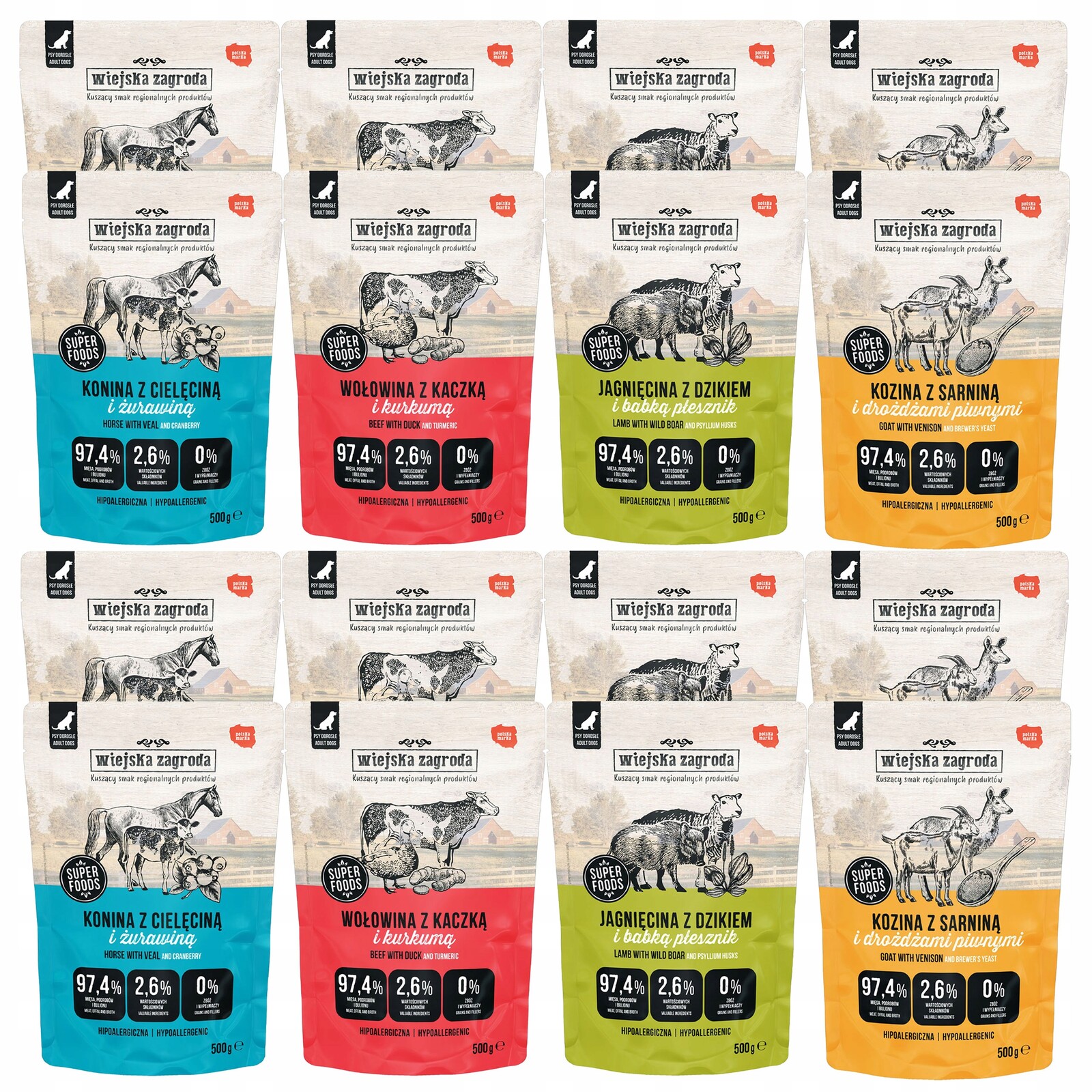 Wiejska Zagroda kompletní krmivo pro psy mix chutí 16 x 500 g