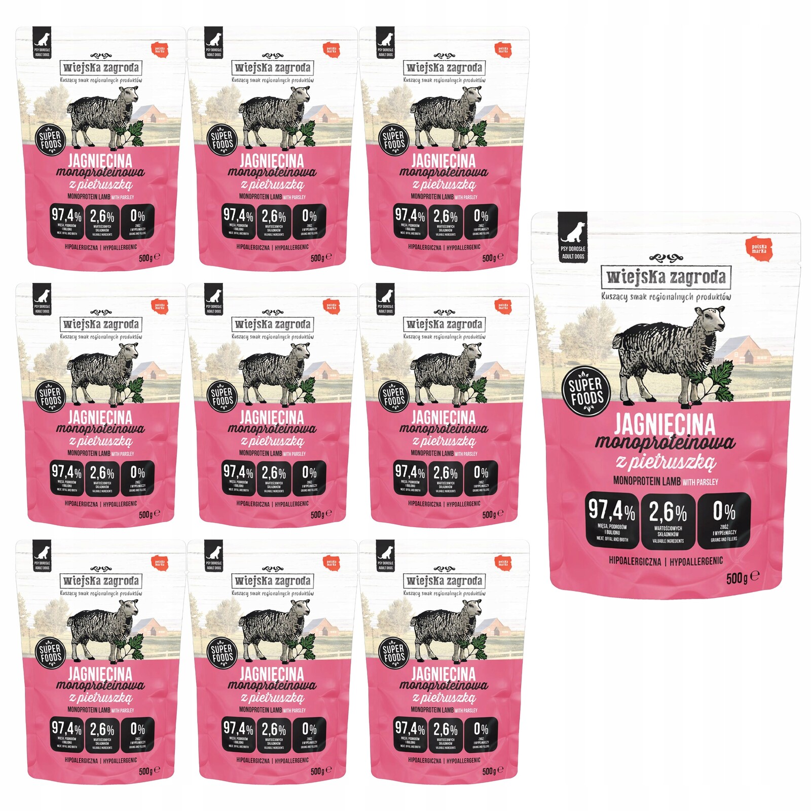 Wiejska Zagroda Mono vlhké krmivo pro psy Jehněčí s petrželkou 10 x 500 g