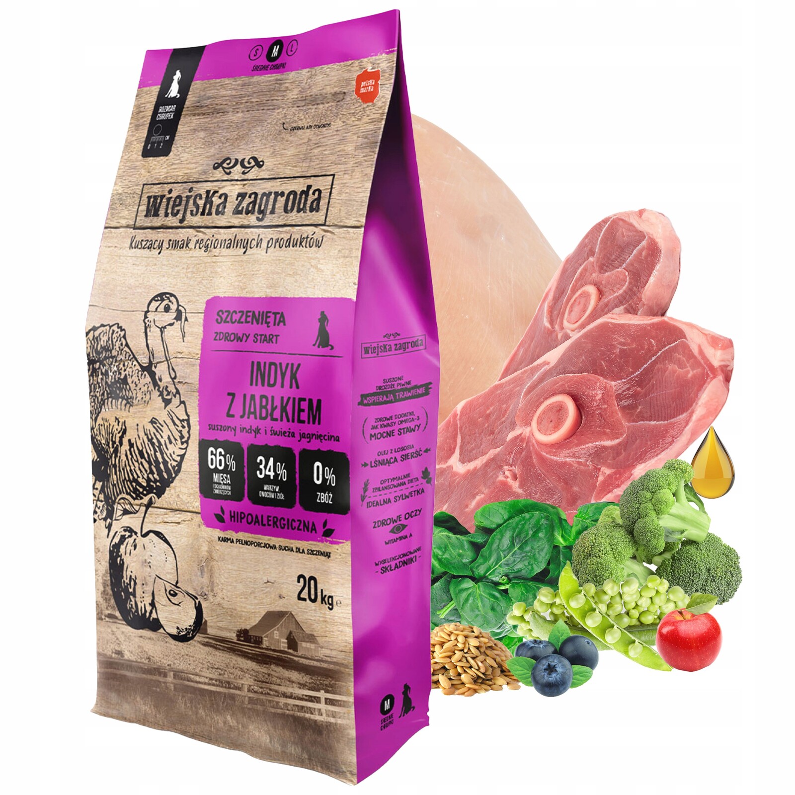 Wiejska Zagroda Krmivo pro štěňata Krůta s jablkem Křupky M 20 kg