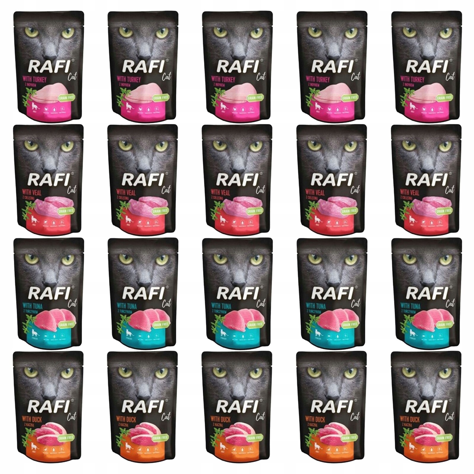 Rafi Cat Mokré krmivo pro kočky Dolina Noteci mix chutí 20 x 100 g bez obilovin