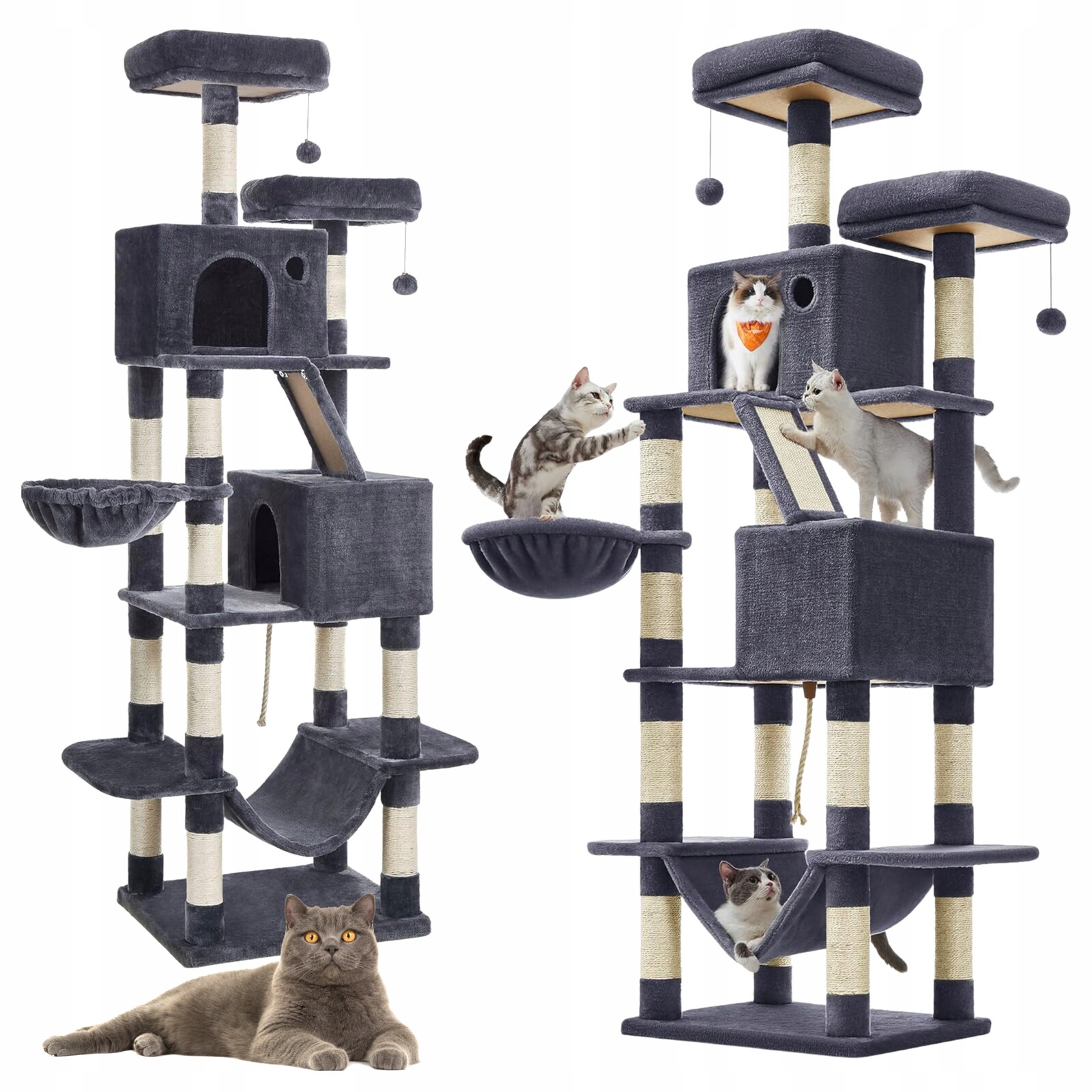 Škrabadlo Pro Kočky 206 cm Velké Víceúrovňové 2 Lůžka Jeskyně Houpací Síť Šedá