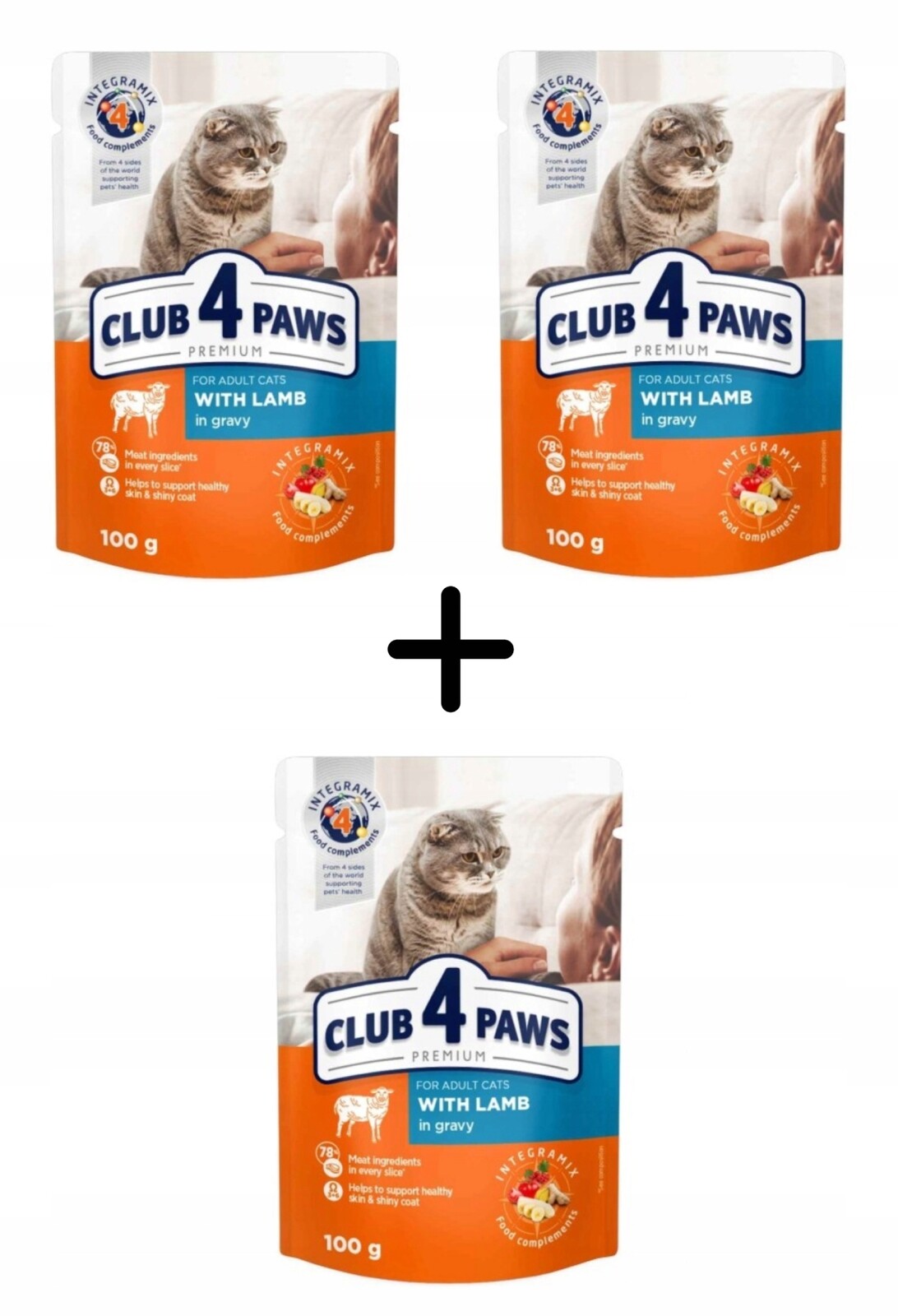 Vlhké krmivo pro kočky 72x100 g s jehněčím v omáčce Club 4 Paws