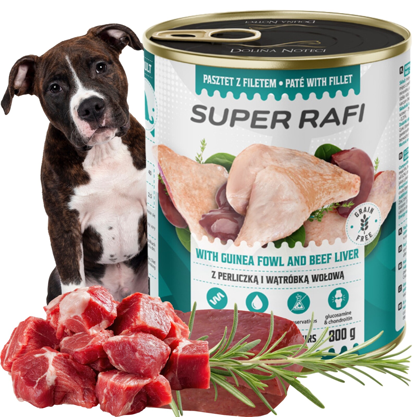 Vlhké krmivo pro psy, perlička, játra, konzerva, Dolina Noteci Rafi 800 g x 12 g