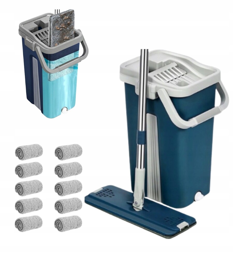 Plochý Mop s dvoukomorovým kbelíkem, 10 utěrek z mikrovlákna, modrý, 40 cm