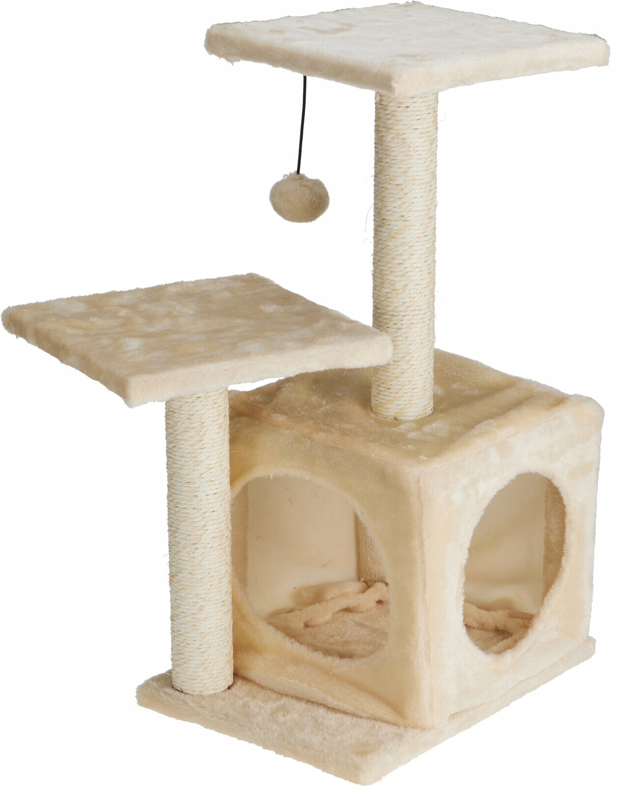 Škrabadlo pro kočky Kompaktní věž 61 cm s domečkem a míčkem – béžová