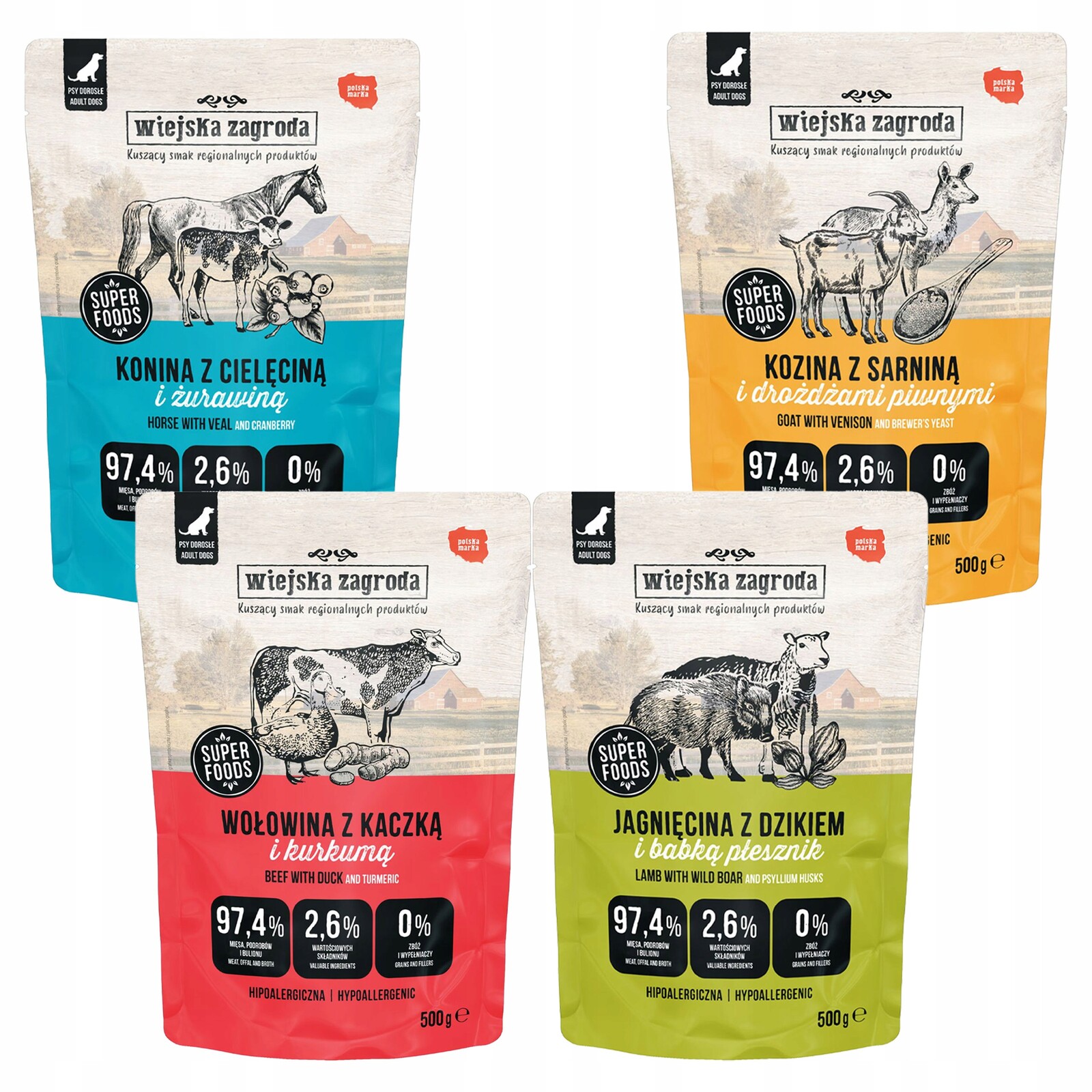 Wiejska Zagroda kompletní krmivo pro psy mix chutí 4 x 500 g