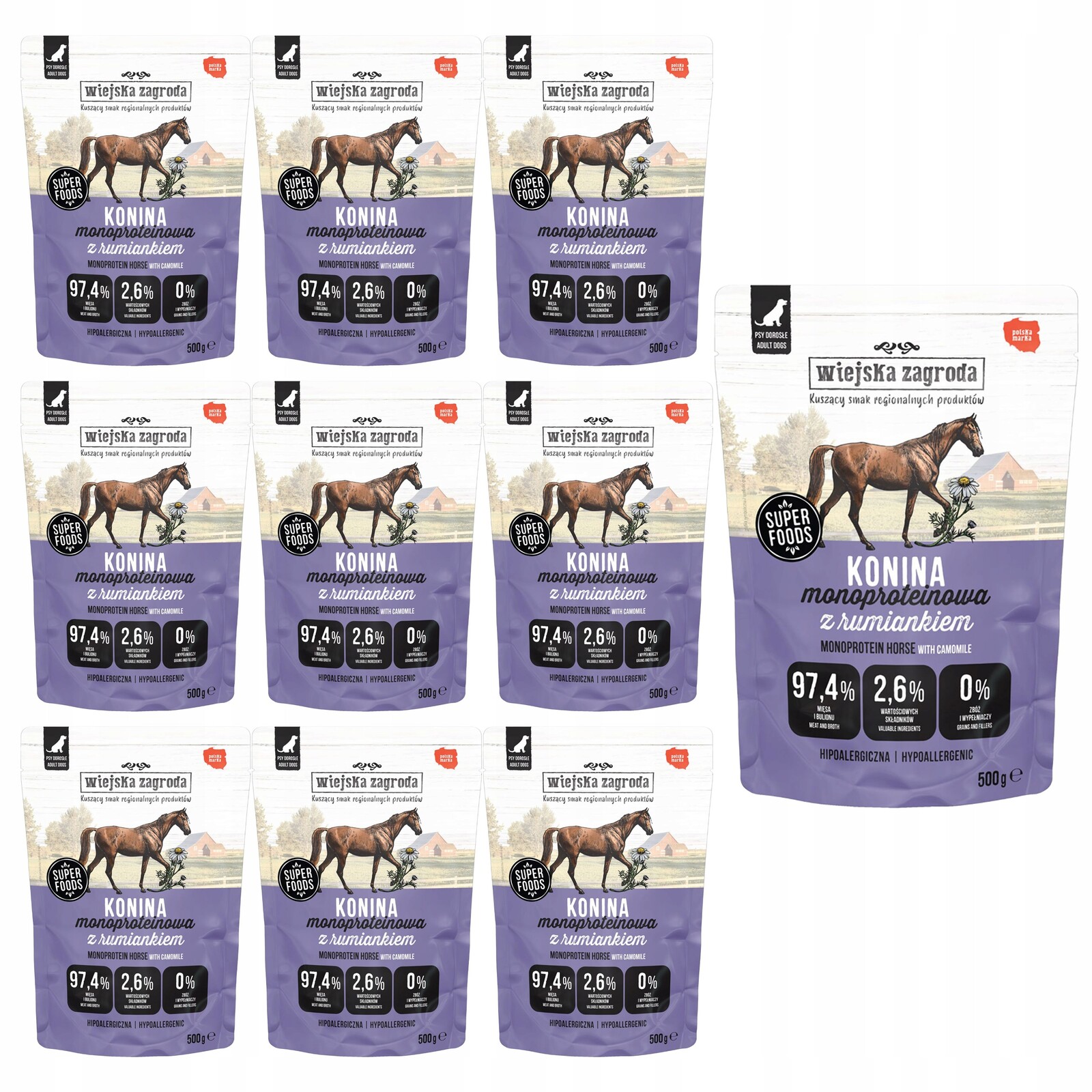 Wiejska Zagroda Mono vlhké krmivo pro psy Konina s heřmánkem 10 x 500 g