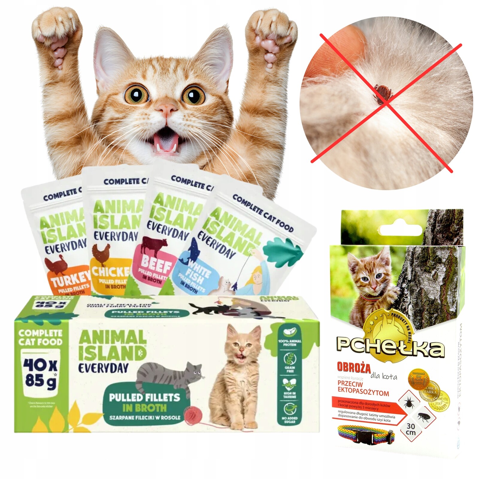 Krmivo pro kočky mokré kapsička bez obilovin MIX 40x85 g obojek Pchelka 30 cm