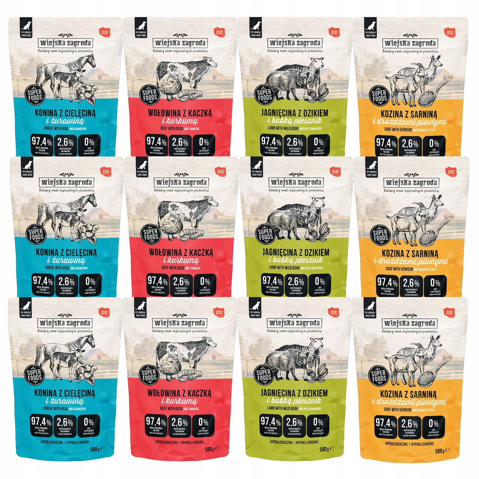 Wiejska Zagroda kompletní krmivo pro psy mix chutí 12 x 500 g