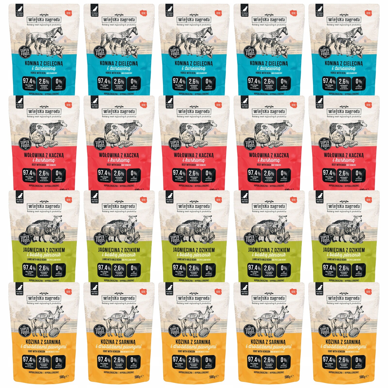 Wiejska Zagroda kompletní krmivo pro psy mix chutí 20 x 500 g