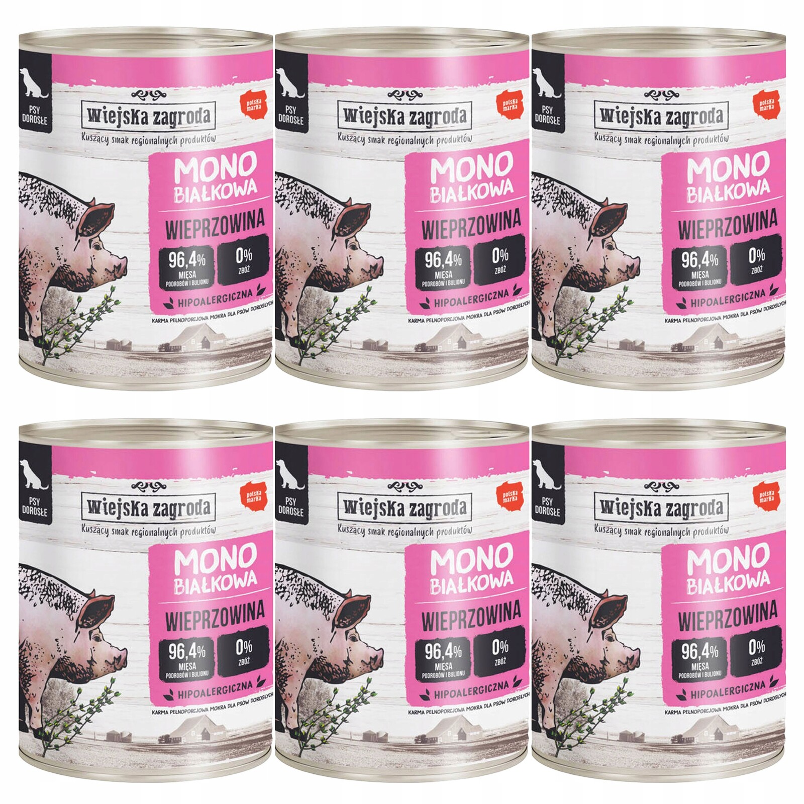 Wiejska Zagroda Monoproteinová krmivo pro psa Vepřové maso 6 x 800 g, hypoalergenní