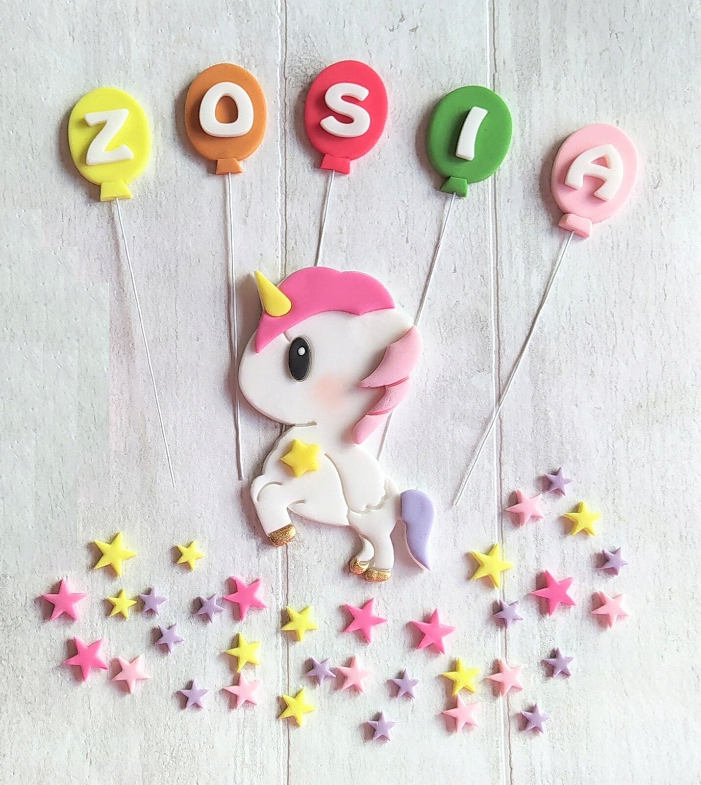 Jednorožec poník nápis písmena zápich Sada dekorací z cukrové hmoty