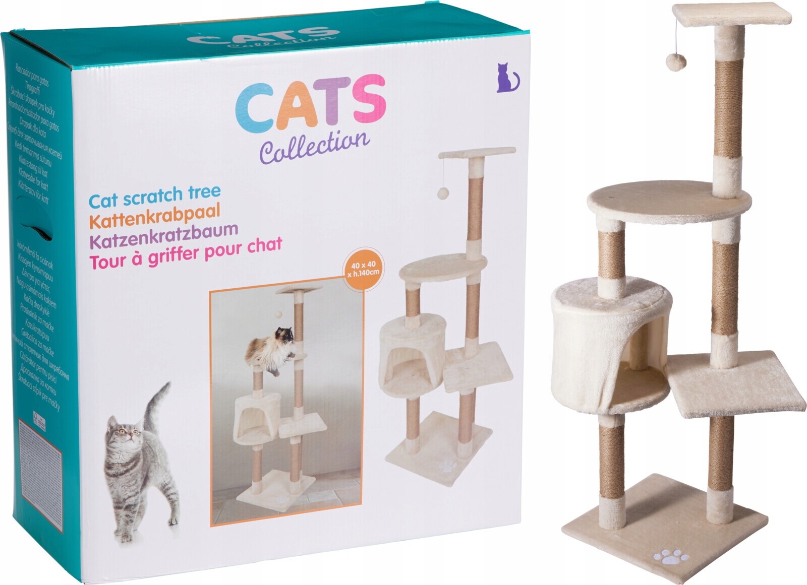 Škrabadlo pro kočky Věž 140 Cm s domečkem a míčem – béžová