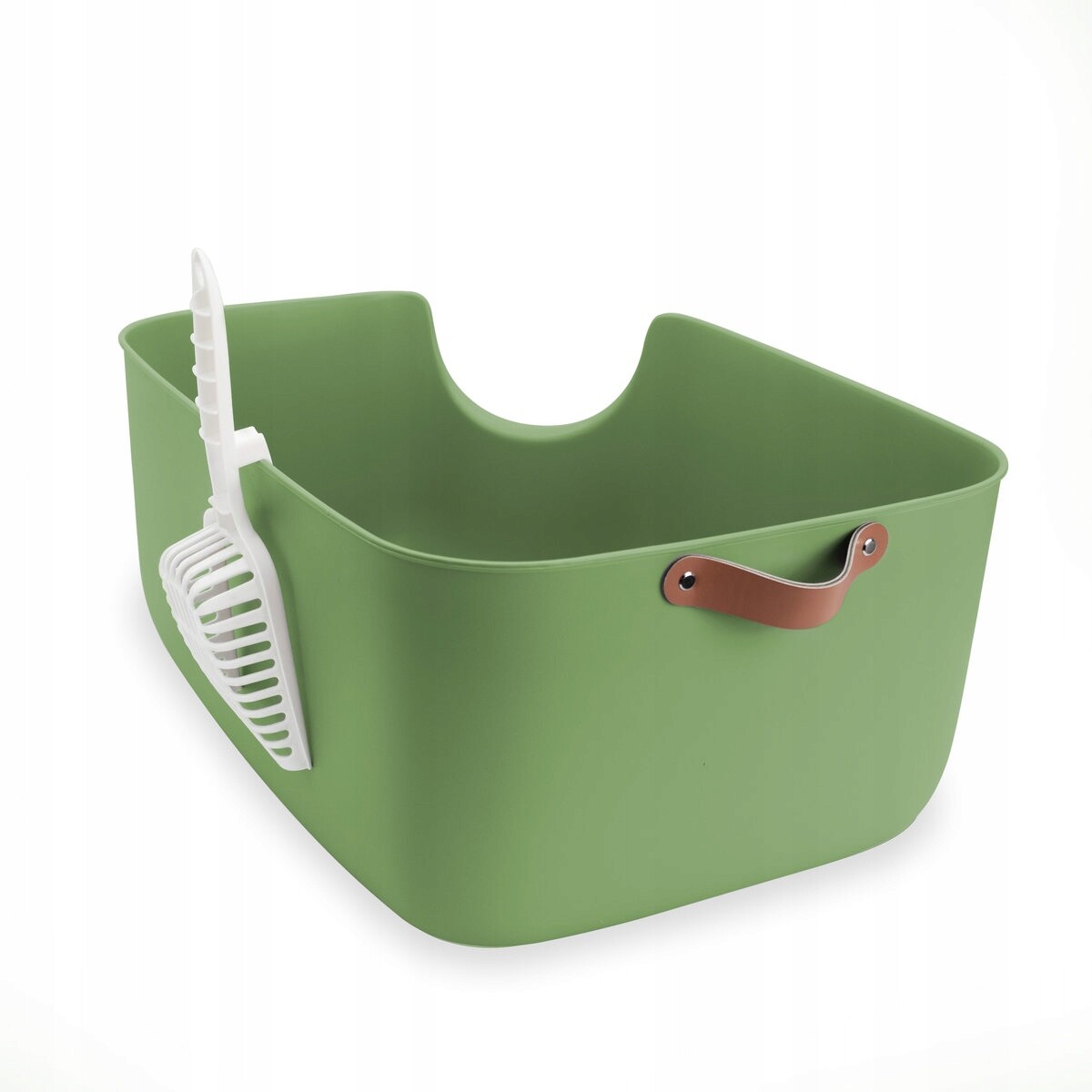 Velká otevřená kočičí toaleta pro kočky Corner s lopatkou, kožená rukojeť, stabilní, eco+