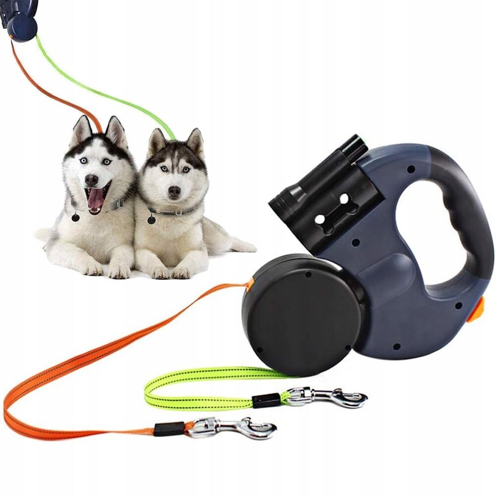 Vodítko Automatická dvojitá pro 2 psy Led s nádobou 3 m, černá-modrá