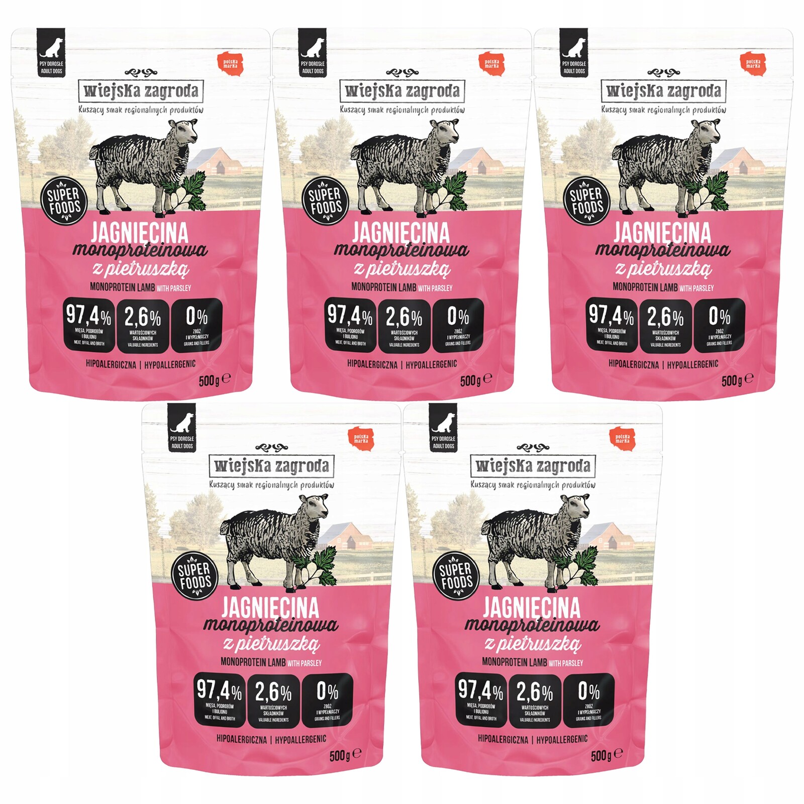 Wiejska Zagroda Mono vlhké krmivo pro psy Jehněčí s petrželkou 5 x 500 g