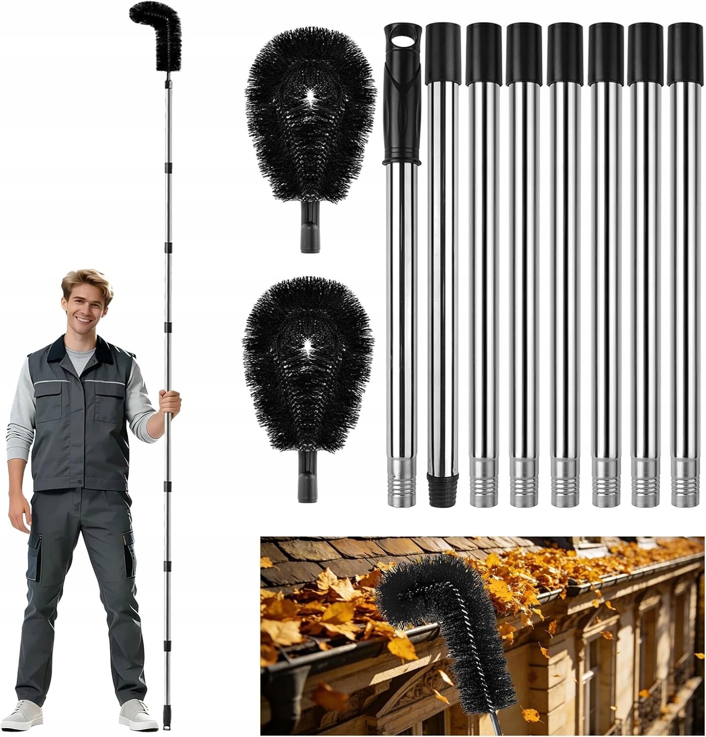 Kartáč Na Čištění Okapů S Teleskopickou Násadou, 2 Kartáčové Hlavice