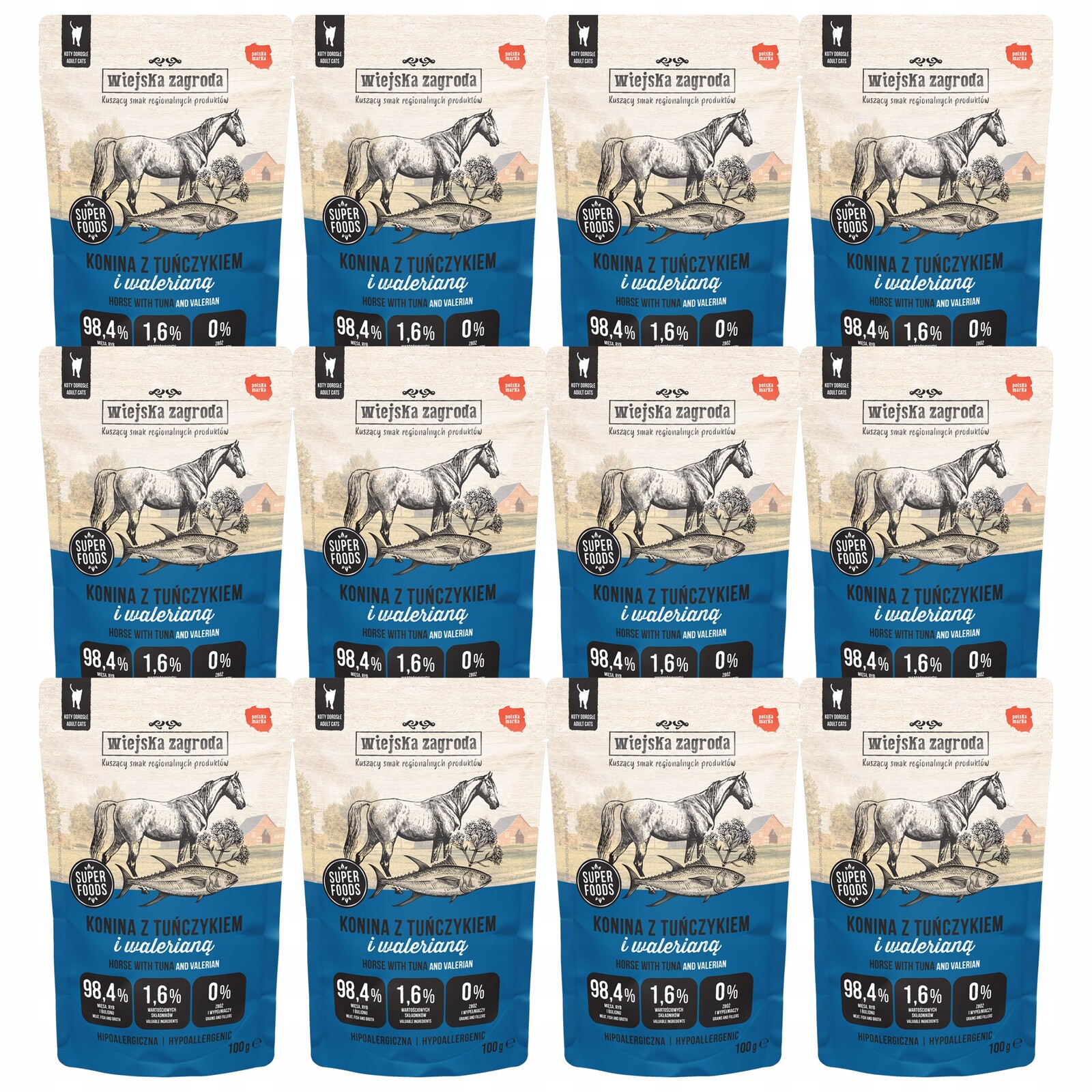 Wiejska Zagroda krmivo pro kočky Konina Tuňák s valeriánem 12 x 100 g