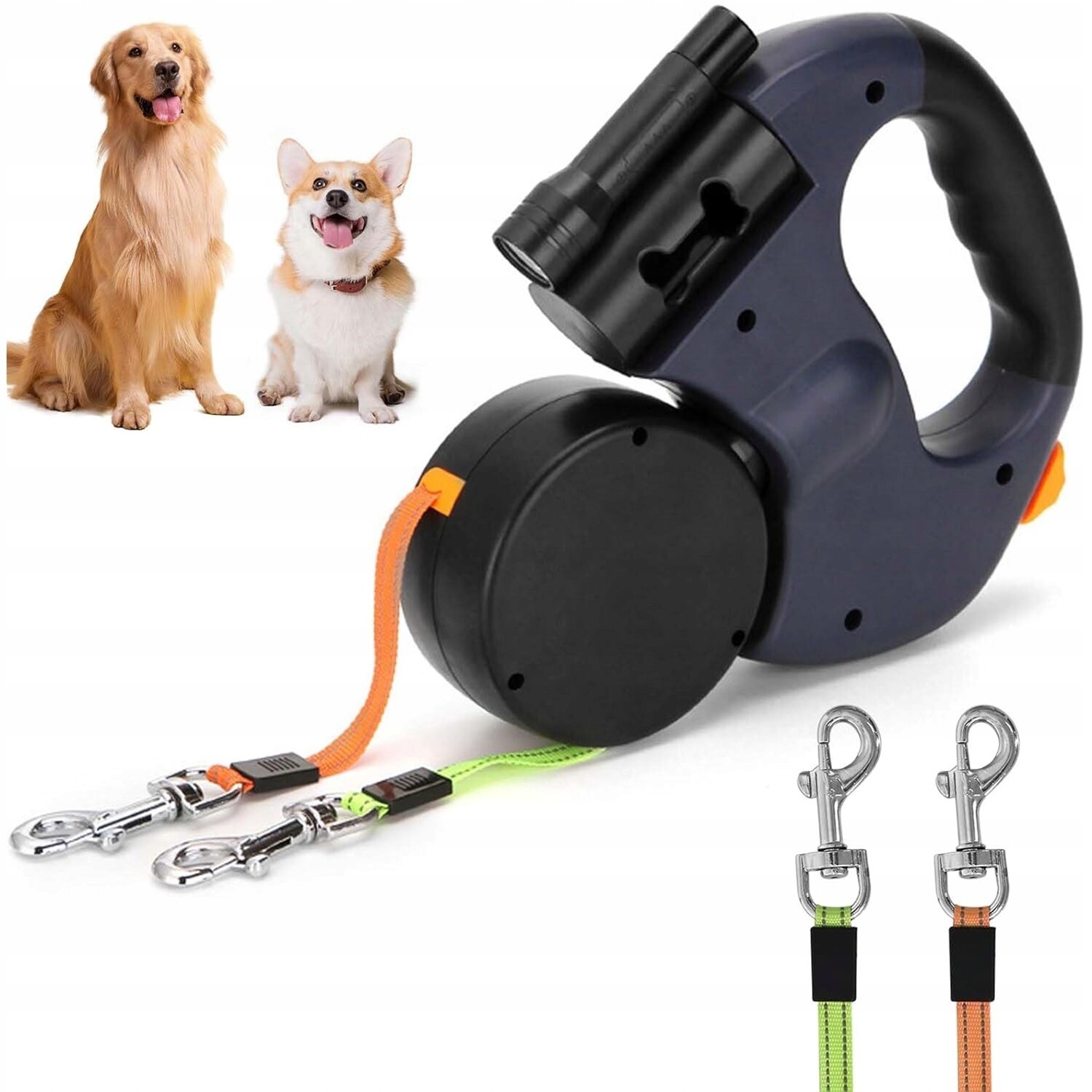 Dvojité rolovací Vodítko pro psa, Vodítko s Led diodou a odpadkovým košem