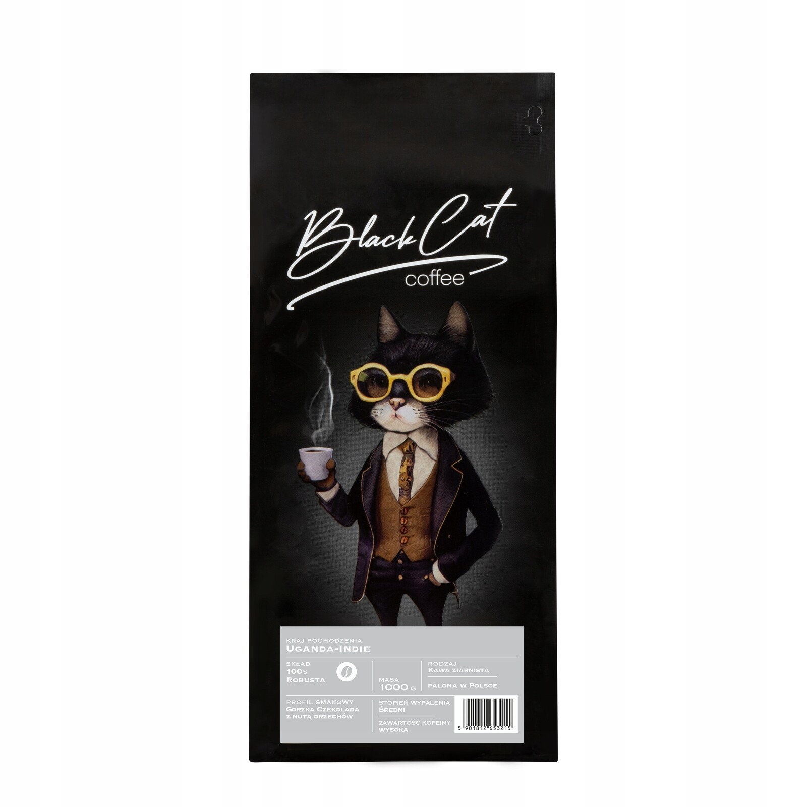 Káva Zrnková Black Cat Uganda Indie 100% Robusta 1Kg