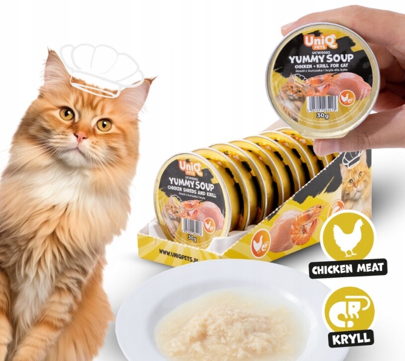 UniQ Pets Kuřecí a krillový vývar 8x30 g Sada Tácků Polévka Pro Kočky