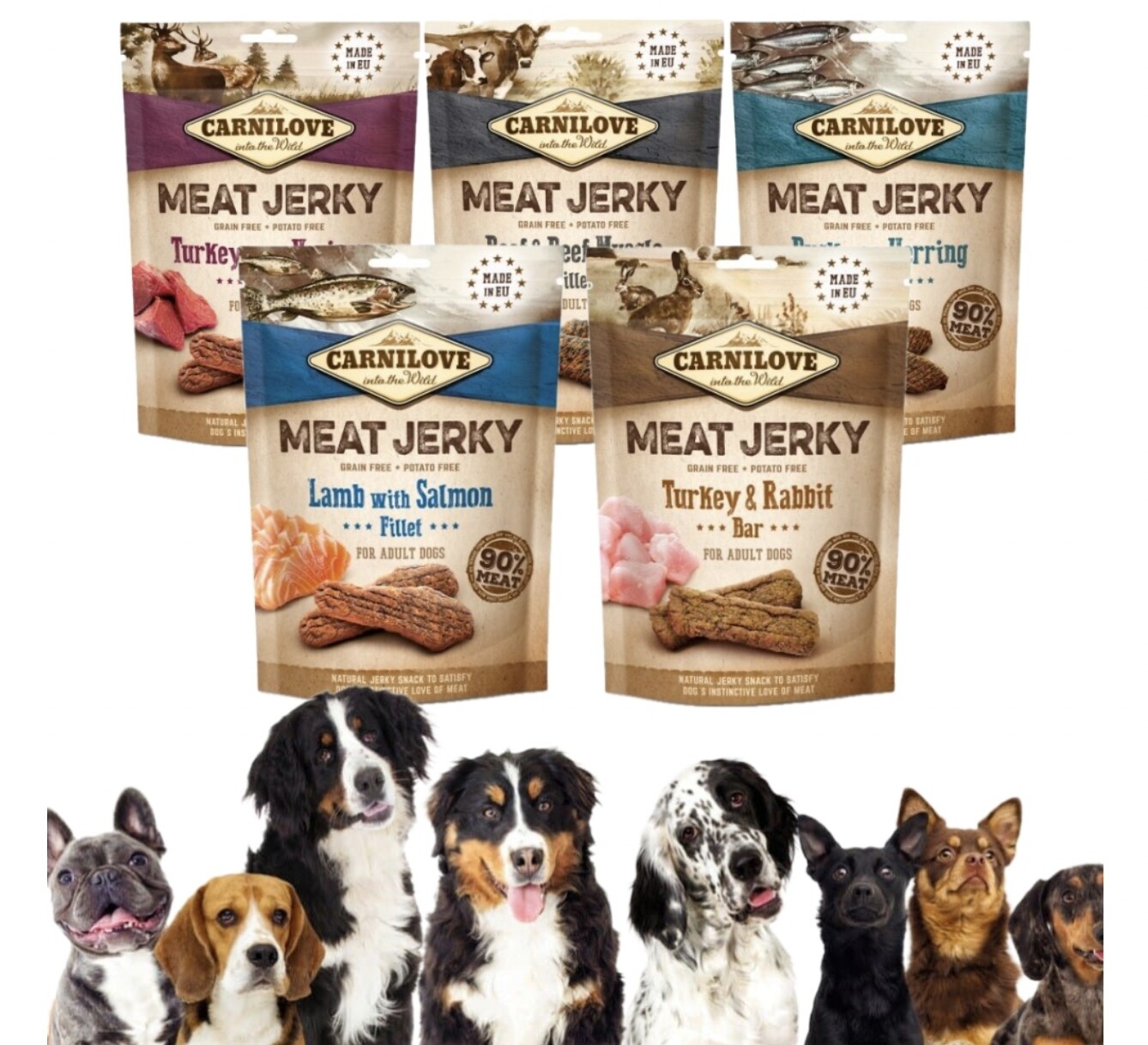 Carnilove psí pamlsek Meat Jerky Mix příchutí (90 % masa) 100 g*5 ks