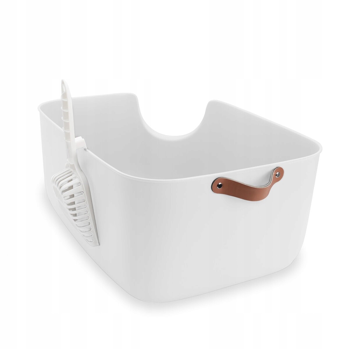 Toaleta pro kočky otevřená, s lopatkou, kožená rukojeť, vysoké boky, velká