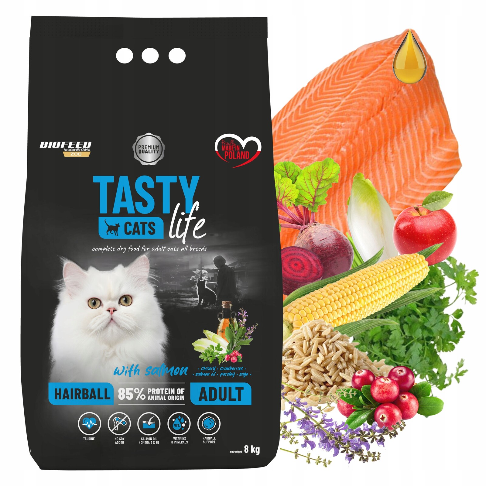 Biofeed Tasty Cats Life Hairball Losos krmivo pro kočky 8 kg zdravé