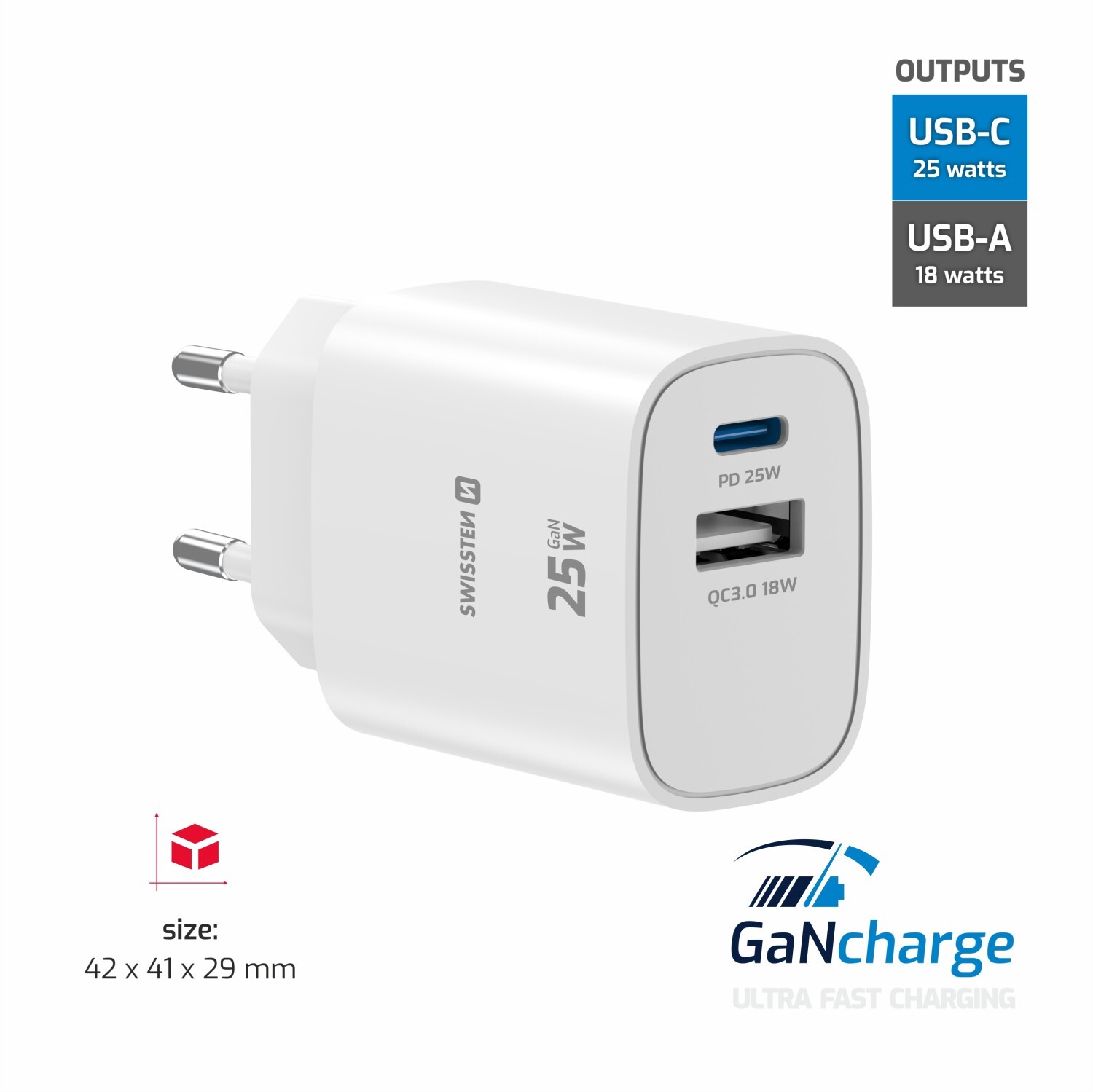 Swissten Síťový Adaptér Edge GaN 1x USB-C PD 25W + 1x USB-A 18W QC bílá