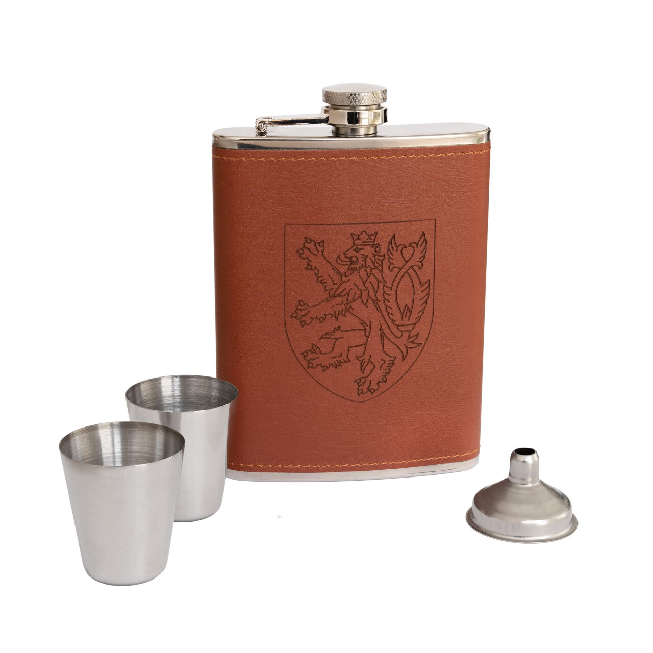 Placatka se 2 panáky a nálevkou Český lev 225ml - hnědá-stříbrná