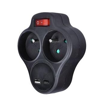 Solight rozbočka s USB A+C rychlonabíječkou 20W PD, 2 x 10A, černá, vypínač