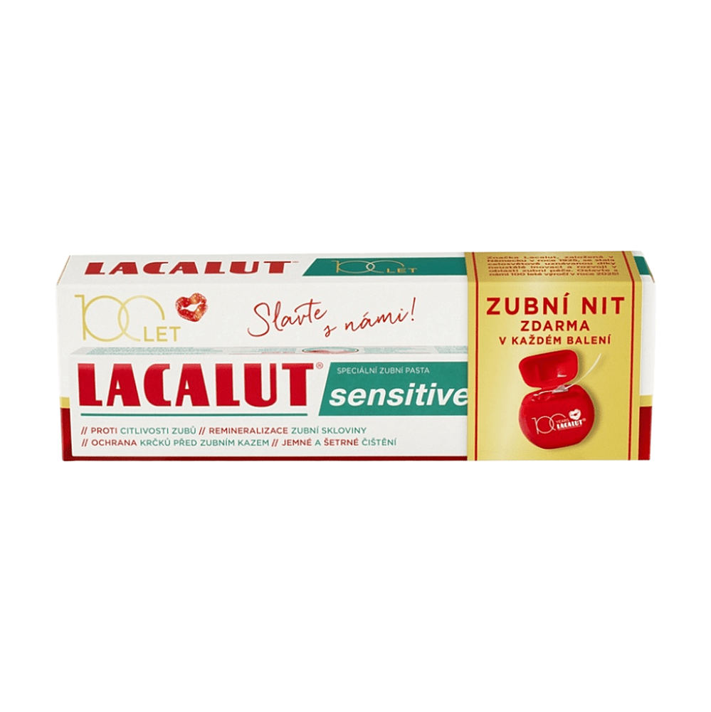 LACALUT Sensitive zubní pasta 75ml+dentální niť 100 let edice, poškozený obal