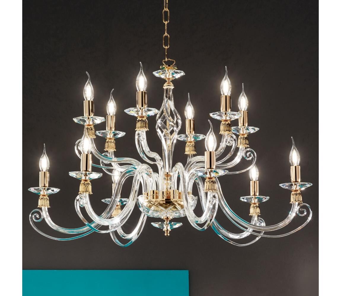 Ondaluce - Lustr na řetězu 1306 12xE14/10W/230V pr. 100 cm zlatá/čirá LP.1306/12