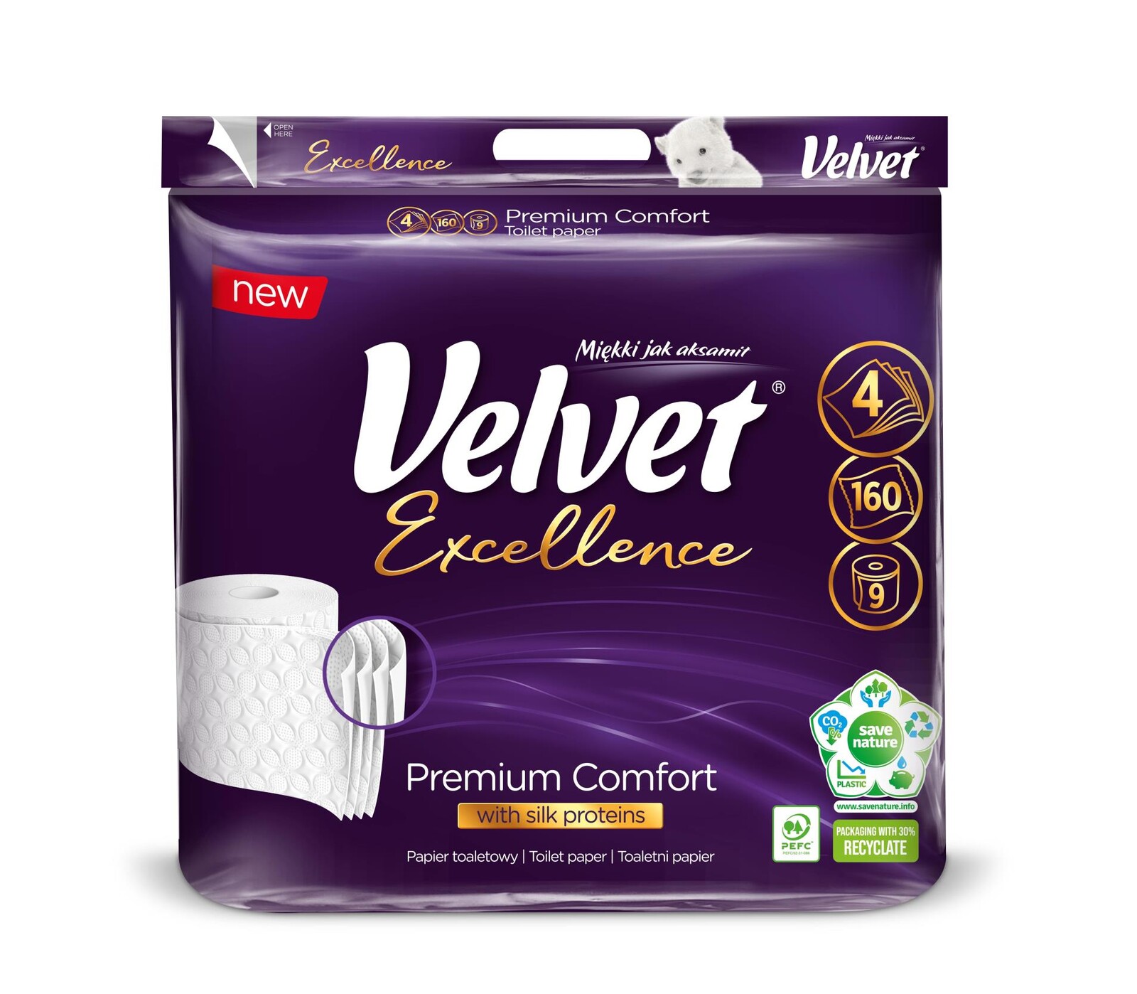 Toaletní papír Velvet Excellence - 4vrstvý, 9 rolí