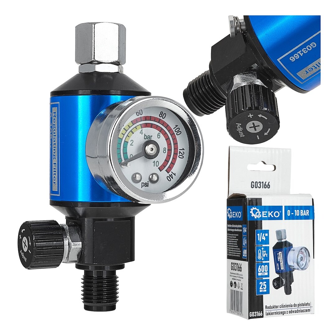Regulátor tlaku pro stříkací pistoli, s manometrem a odlučovačem vody, 1/4