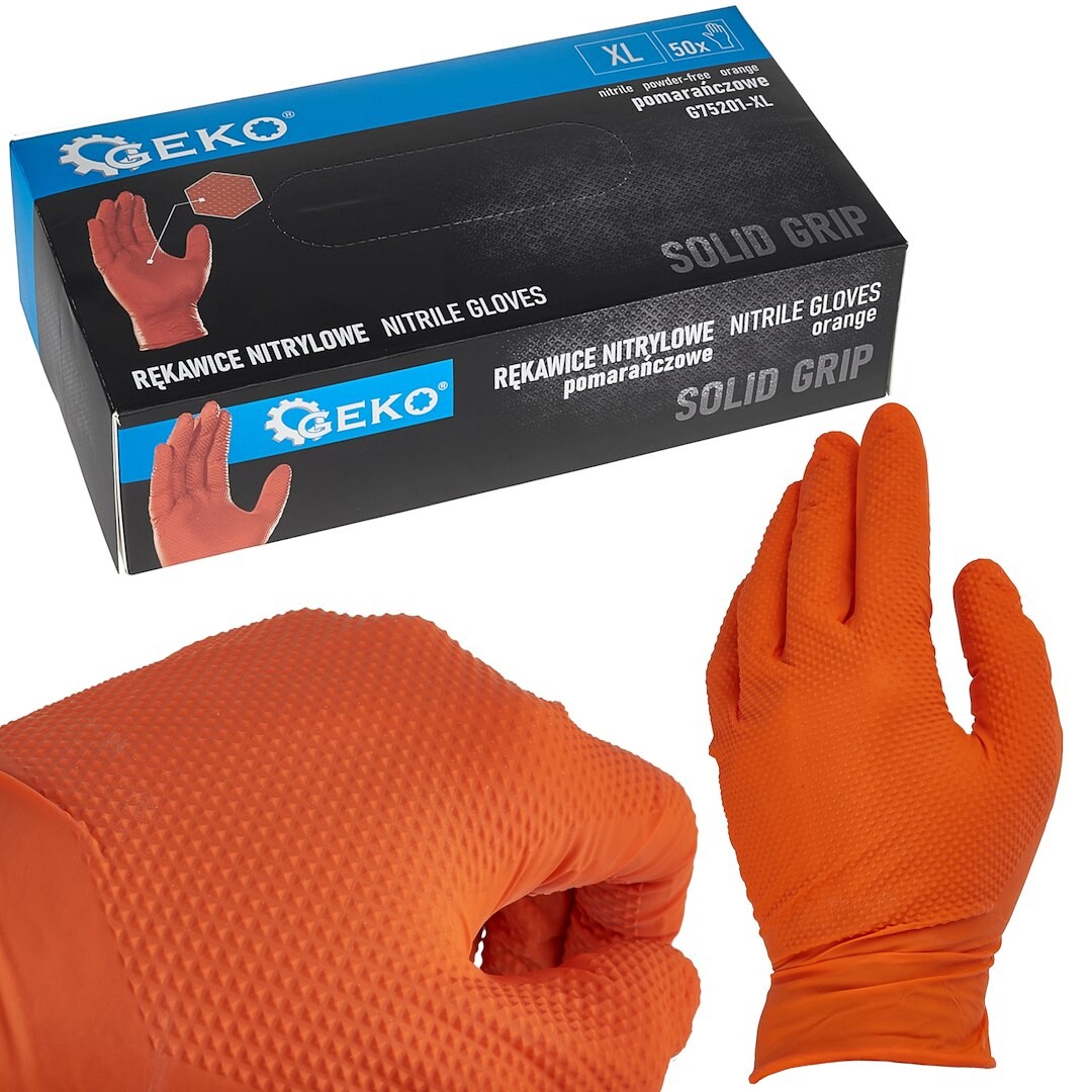 GEKO Nitrilové rukavice Solid Grip 3D, pevné, odolné chemikáliím, 50 ks, oranžové, velikost XL