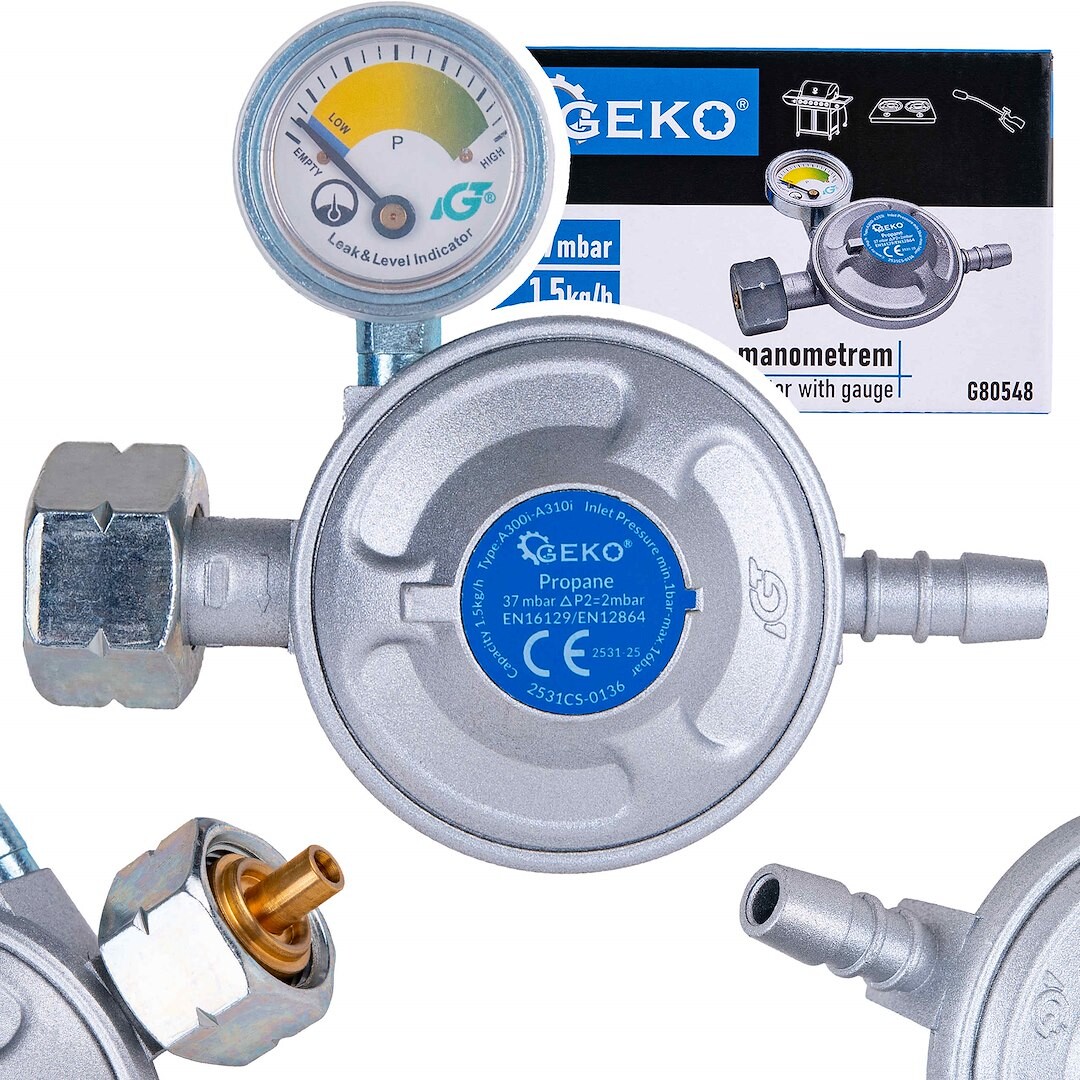GEKO Regulátor tlaku plynu 37 mbar, 1,5 kg/h s manometrem