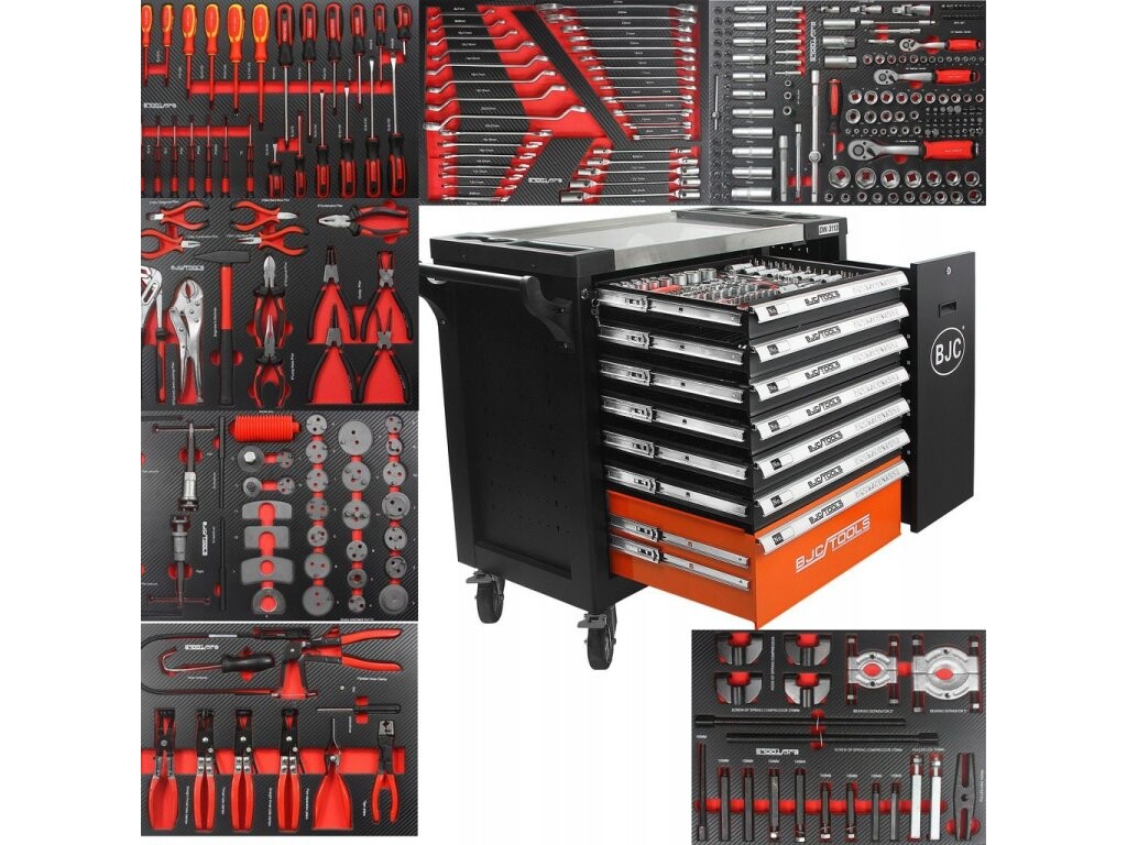 Dílenský vozík, 7 zásuvek + skříňka, sada nářadí DIN3113 306 ks - BJC