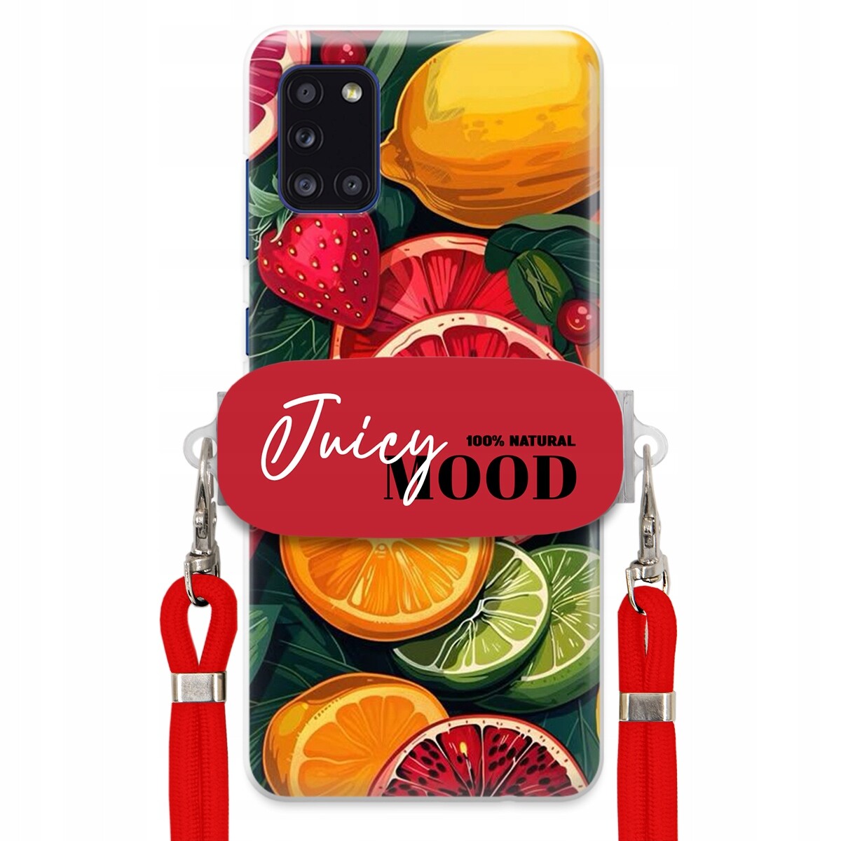 Pouzdro pro Samsung A31 Červené vodítko Crossbody+ Držák Módní Juice Mood Ovoce
