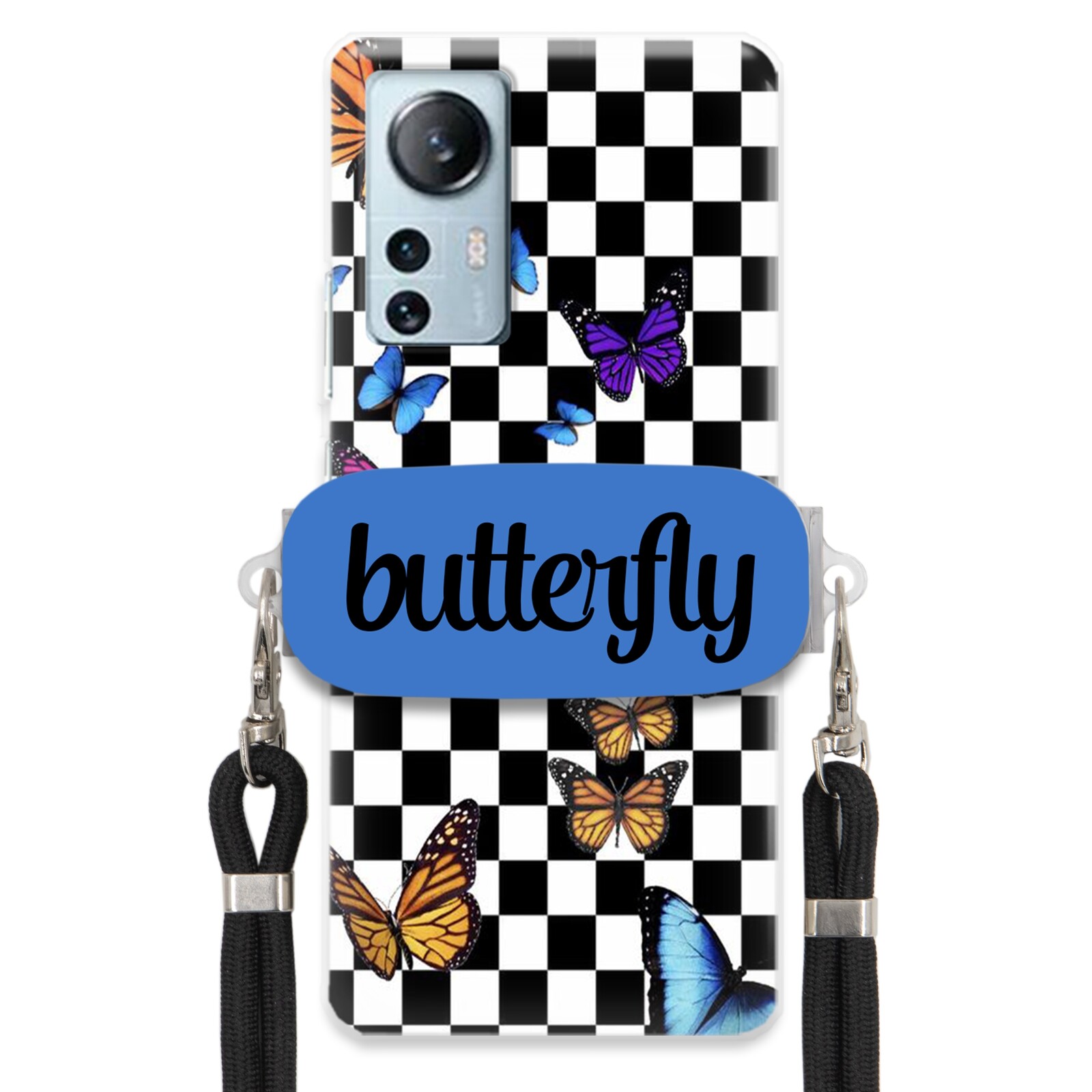 Pouzdro Pro Xiaomi 12 Lite Case Obdélníkový Úchyt Černé Vodítko Butterfly Motýli