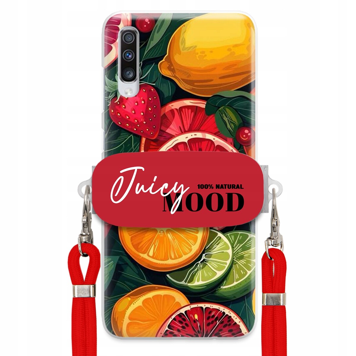 Pouzdro pro Samsung A70 Červené vodítko Crossbody+ Držák Módní Juice Mood Ovoce