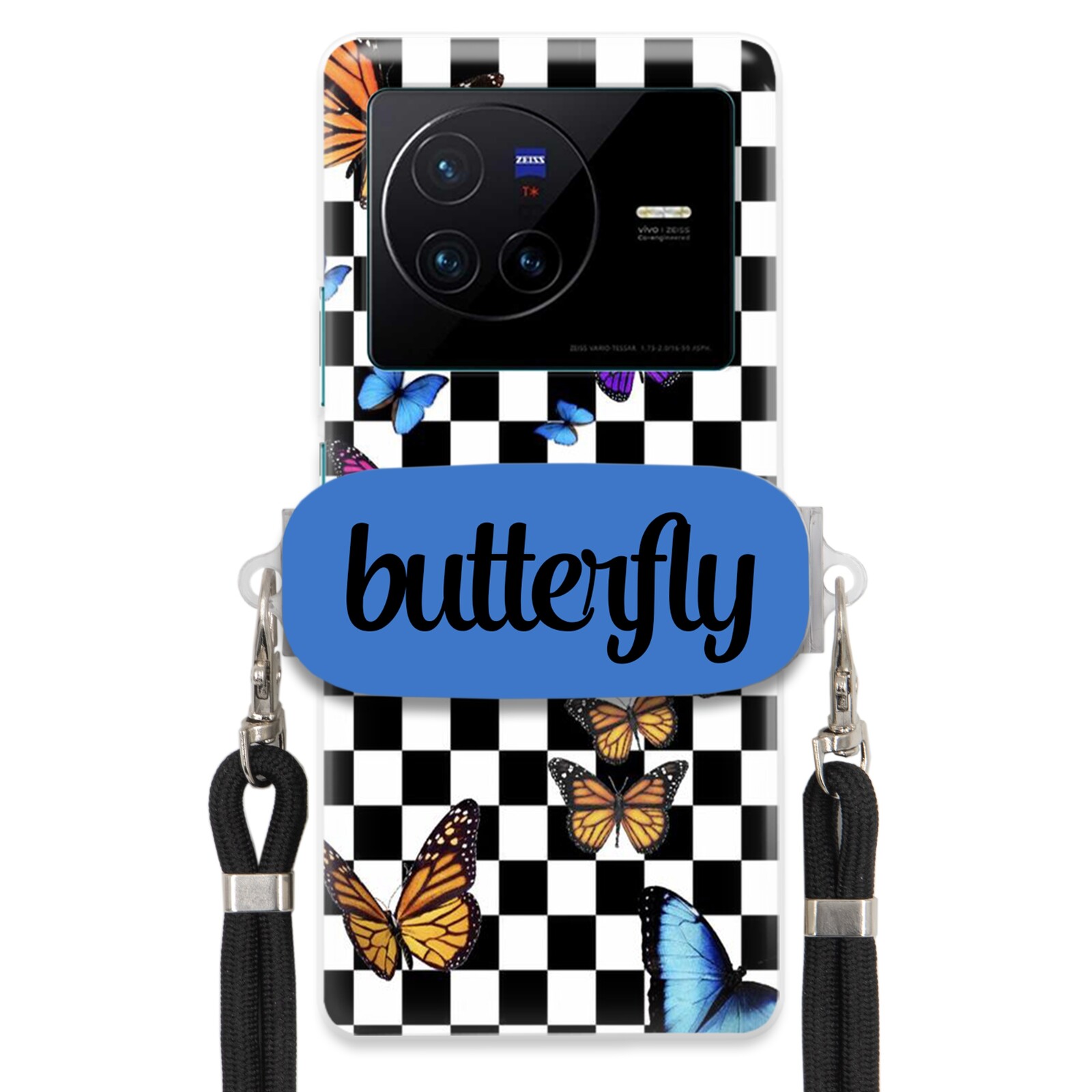 pouzdro na Vivo X80 Case Obdélníkový Úchyt Vodítko Butterfly Motýli Šachovnice