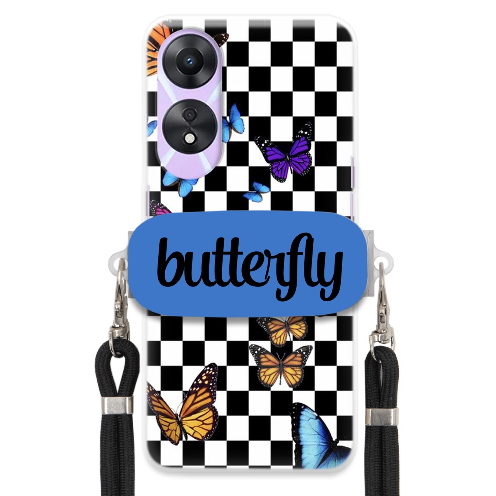 Pouzdro Pro Oppo A78 5G Case Obdélníkový Úchyt Černé Vodítko Butterfly Motýli